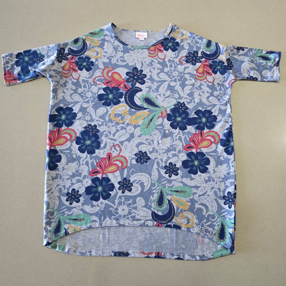 LuLaRoe Irma Tunic‎ Top XS Blue Floral Paisley High Low Oversized Elbow Sleeve